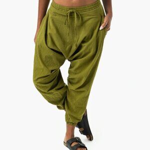 Buddha Pants Womens Elastic Waist Drawcord Tapered Savannah Harem Pants Green